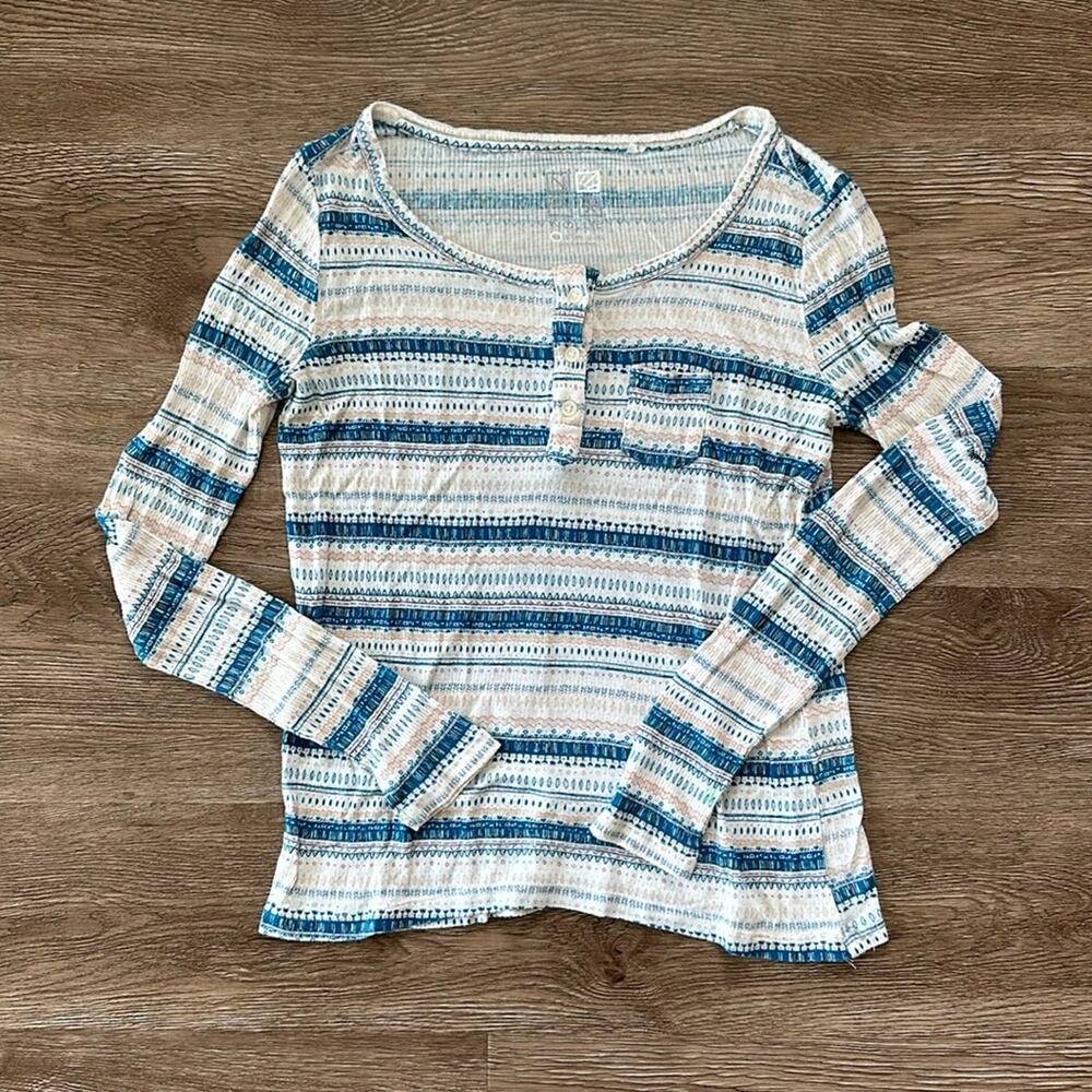 Nollie Henley Long Sleeve Top White Blue Print Size XS